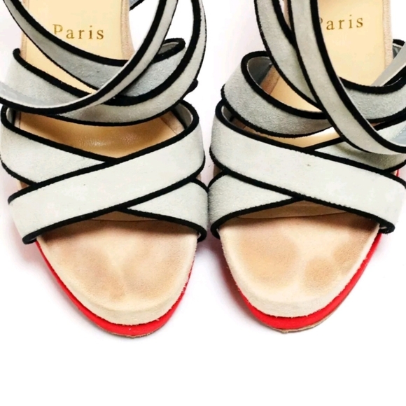 Auth CHRISTIAN LOUBOUTIN Light Gray Black Suede Womens Sandals EUR 34 1/2  US4.5 - Picture 5 of 7